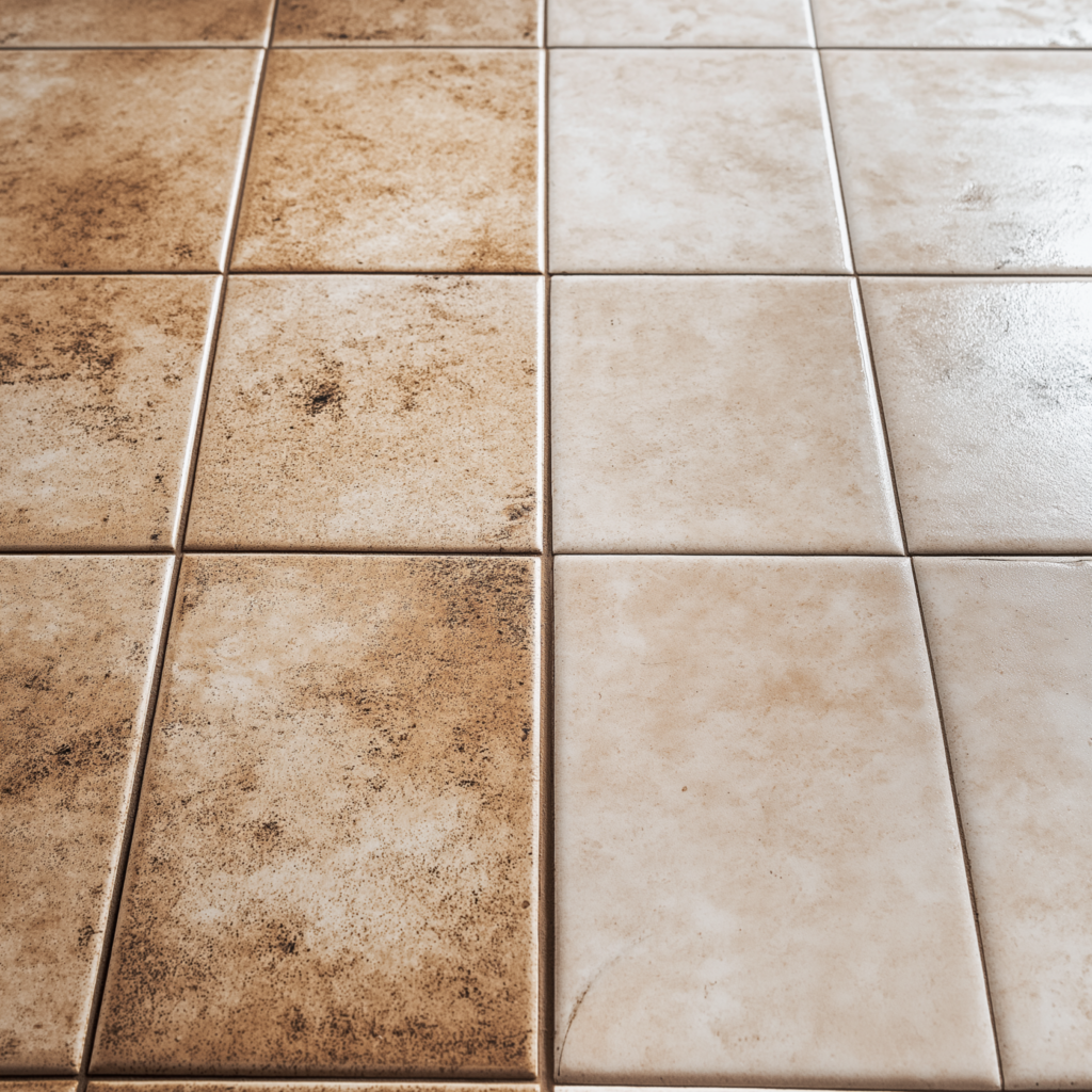 Before and after of tile flooring after being professionally cleaned
